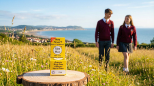 Image shows HayMax Pure Hay Fever Allergen Barrier Balm. In the background are two school children walking over fields